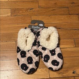 Kids Pink Plush Dog-Print Slip-On Slippers
